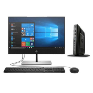 Refurbished full desktop setup with 19-inch monitor and HP Thin Client CPU, 4GB RAM, 128GB SSD